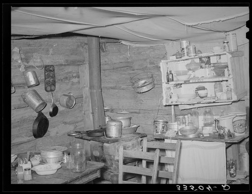 Interior of home of migrant agricultural workers who have returned to Oklahoma from the west. They are trying to find work in the fields of Oklahoma. McIntosh County