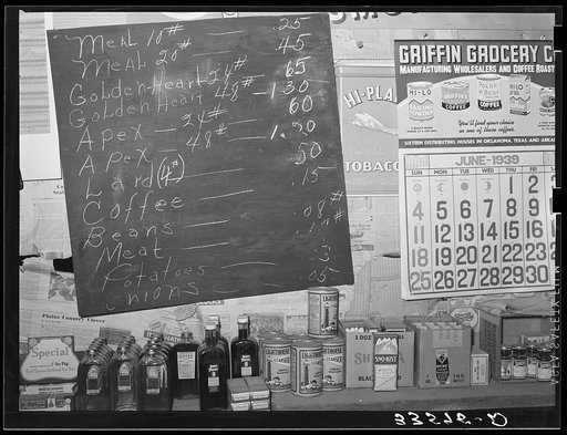 Untitled photo, possibly related to: Price list of staples eaten by farmers in Wagoner County, Oklahoma