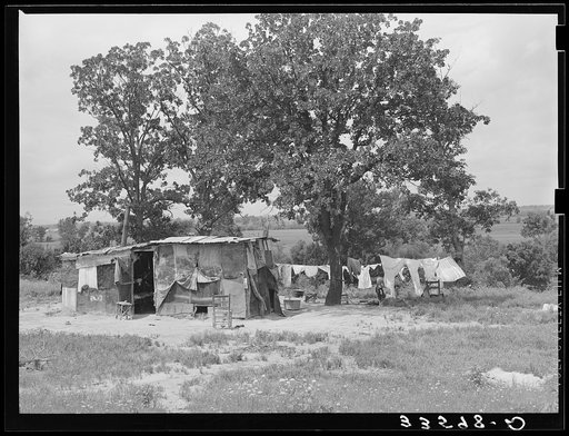 Home of agricultural day laborer's family who cared for his tubercular wife and two children. Poteau Creek near Spiro, Oklahoma