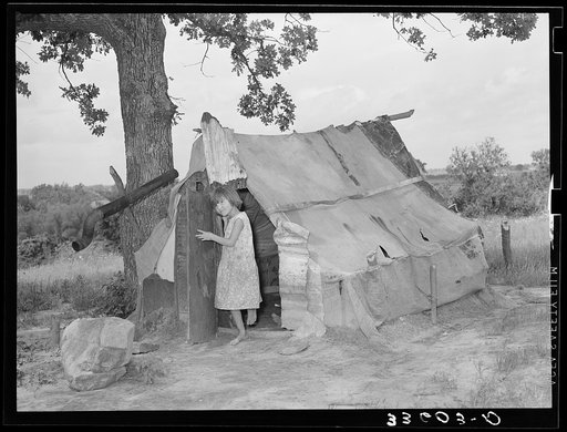 Daughter of agricultural day laborer coming out of tent where her uncle slept. Poteau Creek near Spiro, Oklahoma