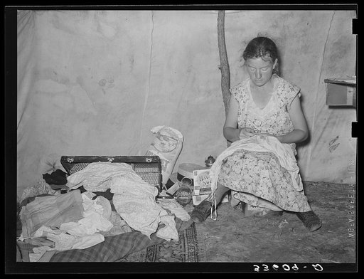 Interior of tent of migrant agricultural day laborers camped near Vian, Oklahoma