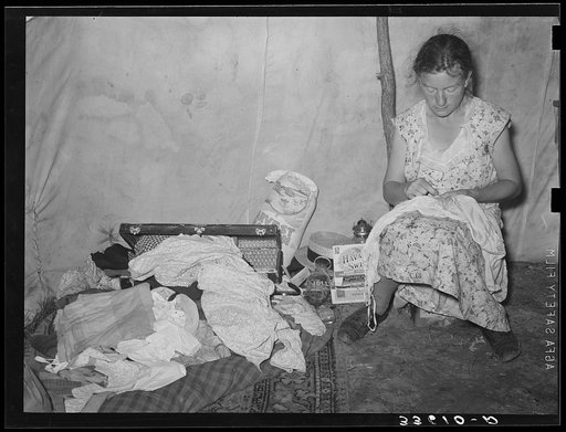 Untitled photo, possibly related to: Interior of tent of migrant agricultural day laborers camped near Vian, Oklahoma