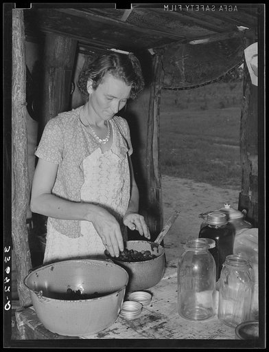 Wife of itinerant statue maker and agricultural day laborer canning blackberries. Poteau Creek near Spiro, Oklahoma, Sequoyah County