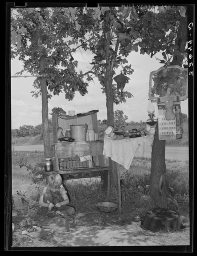 Family camped in the open near Spiro, Oklahoma. Sequoyah County