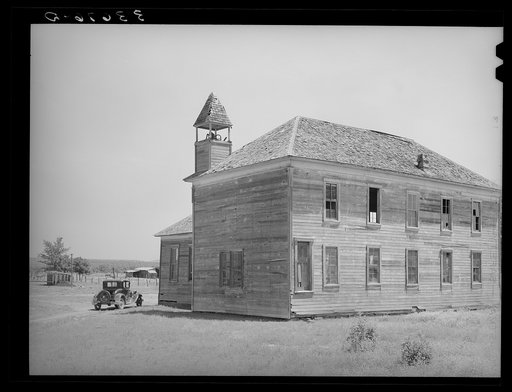 Old school in Akins, Oklahoma. This town was formerly a cotton ginning center as well as trading center for the surrounding farm community. There is no ginning done there now and it has assumed the status of a ghost town