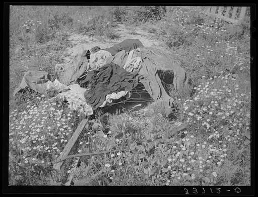 Untitled photo, possibly related to: Clothes of white agricultural day laborers drying on old fence with broken plow in foreground, north of Sallisaw, Sequoyah County, Oklahoma