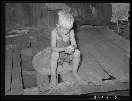 Son of agricultural day laborer examining cotton seed on front porch of home. Muskogee County, Oklahoma
