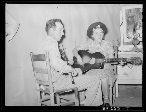 The band at square dance in rural section of hills near McAlester, Pittsburg County, Oklahoma. Sharecropper's home