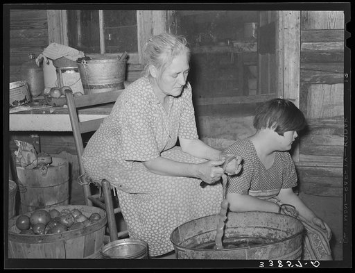Wife of tenant farmer living near Muskogee, Oklahoma, peeling tomatoes for canning. Refer to general caption number 20