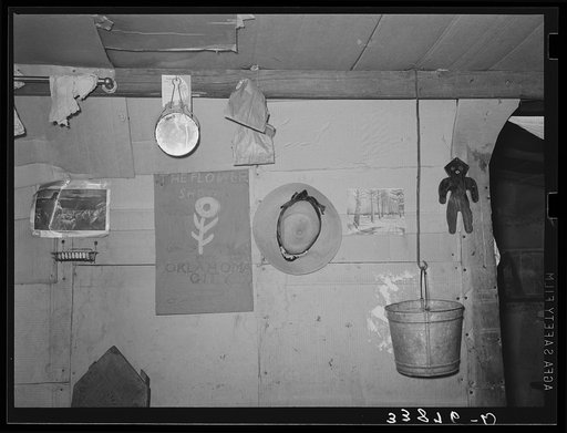 Detail of interior of shack home in Mays Avenue camp. Oklahoma City, Oklahoma. Refer to general caption no 21