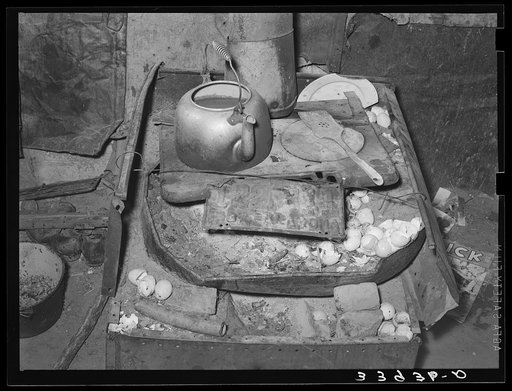 Top of stove of family in Mays Avenue camp. Oklahoma City, Oklahoma. See general caption no. 21