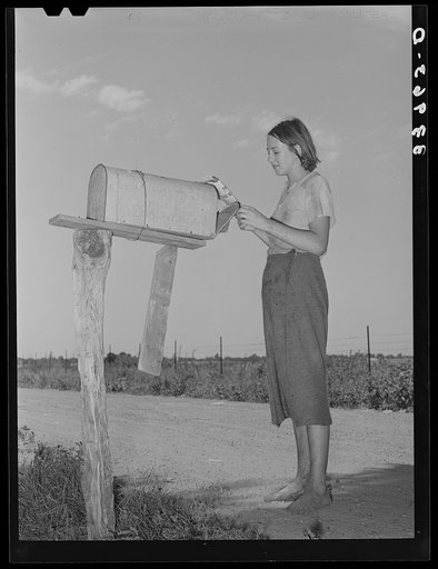Untitled photo, possibly related to: Daughter of tenant farmer living near Muskogee, Oklahoma, getting the morning mail. Refer to general caption number 20