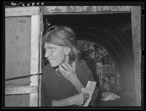 Woman living in camp near Mays Avenue. Oklahoma City, Oklahoma. Her husband has been denied work relief. He is a world war veteran