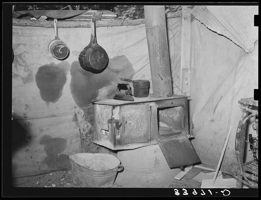 Cooking stove in tent home. Community camp, Oklahoma City, Oklahoma. See general caption 21