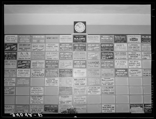 Advertising display of merchants approved by oil workers union. Seminole, Oklahoma