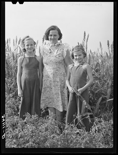 Wife of FSA (Farm Security Administration) client with her two daughters in garden. Kaffir corn in background is used as windbreak. Sheridan County, Kansas