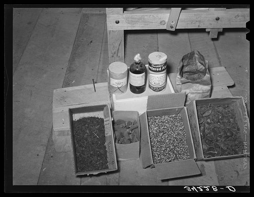 Ingredients used for dying of wool used at WPA (Works Progress Administration/Work Projects Administration) weaving project. Costilla, New Mexico. They are indigo, nitric acid, powdered alum, bark, burdock root, cochineal and walnut husks