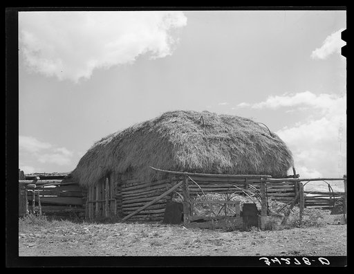 Straw-covered barn on Spanish-American farm near Questa, New Mexico
