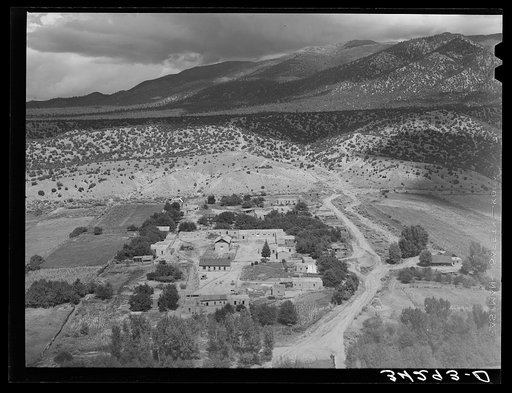 Untitled photo, possibly related to: Spanish-American village along the Rio Hondo near Taos, New Mexico. The residents live in town and commute to their small farmlands on the outskirts of the town