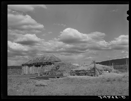 Barn covered with hay and haystacks near Taos, New Mexico