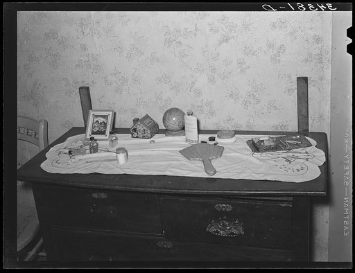 Top of dresser in home of FSA (Farm Security Administration) client. Orange County, near Bradford, Vermont