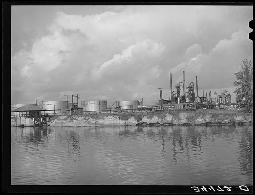 Oil refinery on the bank of the ship channel. Port of Houston, Texas