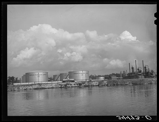Oil refinery on the bank of the ship channel. Port of Houston, Texas