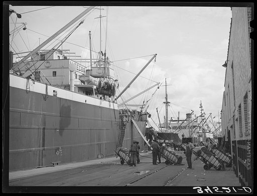Bales of cotton loaded onto Spanish ship for export. Port of Houston, Texas