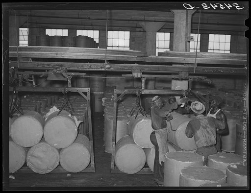 Loading round bales of cotton onto conveyer at compress. Houston, Texas. These are not full bales