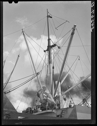 Loading of cotton for export. Notice man operating winch. Port of Houston, Texas