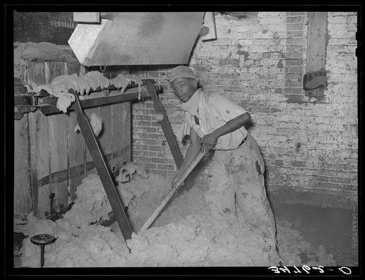 Untitled photo, possibly related to: Negro working levers for baling machine in cotton seed oil mill. McLennan County, Texas