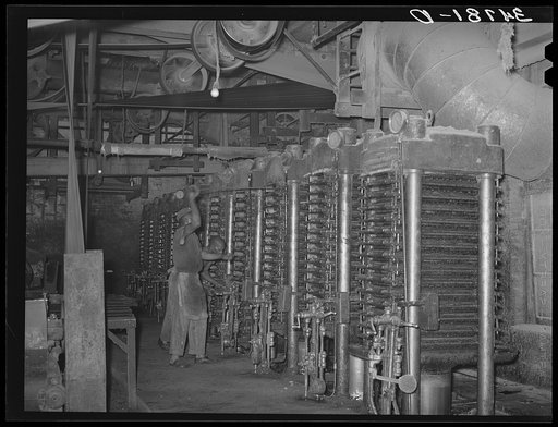Battery of hydraulic presses which are used for pressing oil from the cotton seed. Cotton seed oil mill, McLennan County, Texas