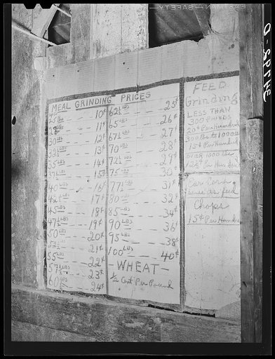 Table of grinding prices at feed mill. Taylor, Texas