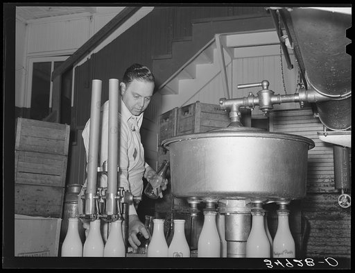 Filling milk bottles at creamery. San Angelo, Texas