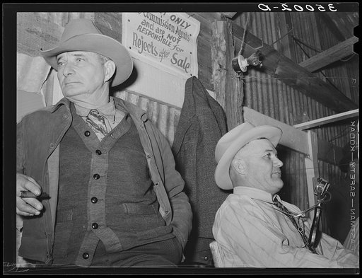 Auctioneer (right) and an official (left) at livestock auction. San Angelo, Texas