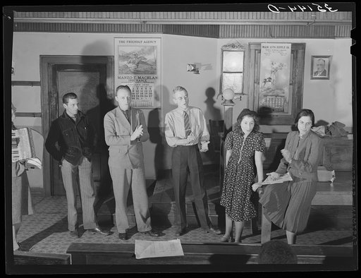 Red Dust Players entertaining at meeting of UCAPAWA (United Cannery, Agricultural, Packing, and Allied Workers of America) in Bristow, Oklahoma. These players are a group of young people in Oklahoma City who are interested in union activities and are currently putting on shows in small Oklahoma town