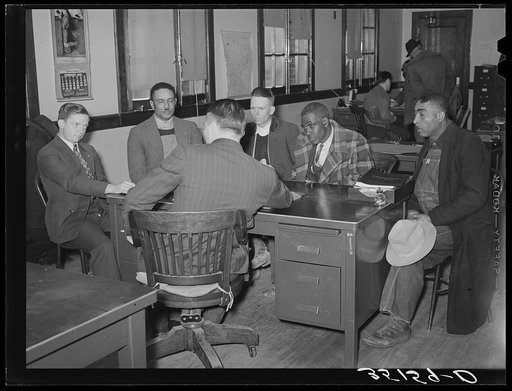 Untitled photo, possibly related to: Committee from local chapter of UCAPAWA (United Cannery, Agricultural, Packing, and Allied Workers of America) meeting with FSA (Farm Security Administration) supervisor to request work grants, food or loans for sharecroppers and tenant farmers in the county. Sap