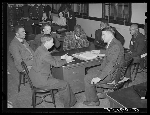 Committee from local chapter of UCAPAWA (United Cannery, Agricultural, Packing, and Allied Workers of America) meeting with FSA (Farm Security Administration) supervisor to request work grants, food or loans for sharecroppers and tenant farmers in the county. Sapulpa, Oklahoma