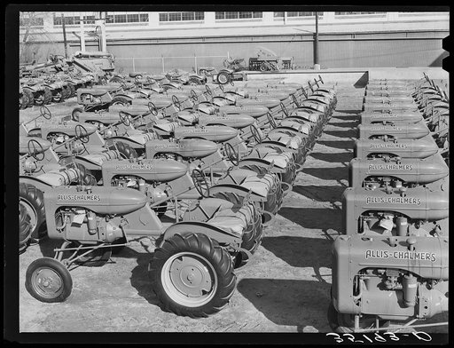 Tractors at farm equipment warehouse. Oklahoma City, Oklahoma
