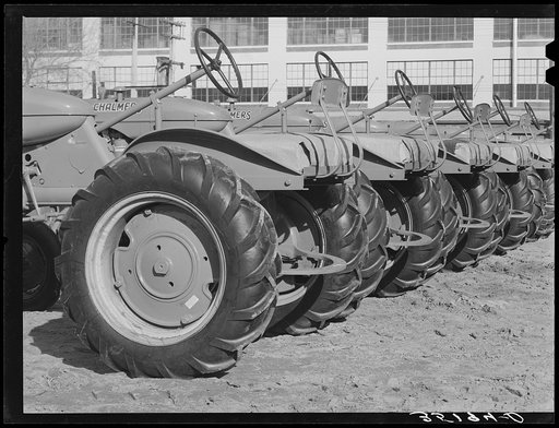 Tractors at farm equipment warehouse. Oklahoma City, Oklahoma