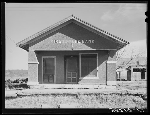 Deserted bank building in the oil ghost town of Slick, Oklahoma
