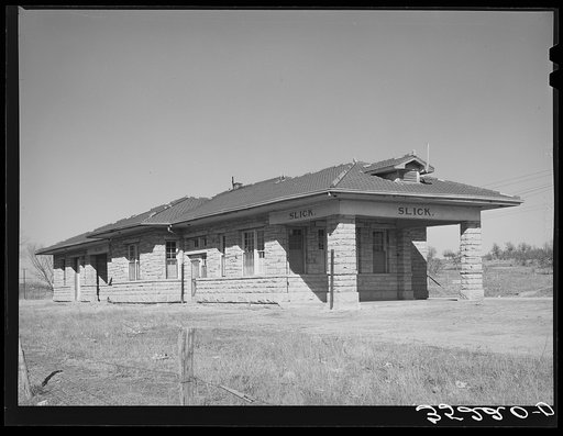 Abandoned railway station, now used for a church, in the oil ghost town of Slick, Oklahoma. The railroad no longer goes through the town