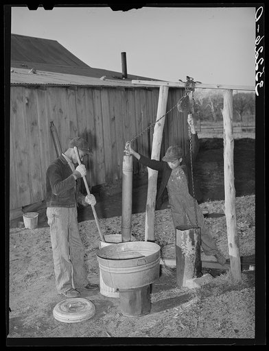 Sons of Pomp Hall, Negro tenant farmer, drawing water and mixing bran mash to feed the hogs. Creek County, Oklahoma. See general caption number 23
