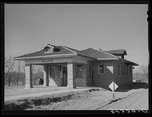 Abandoned railway station, now used as church, in the oil ghost town Slick, Oklahoma