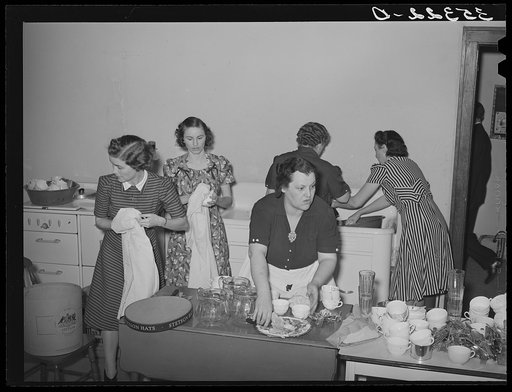 Wives of the Jaycees washing and drying dishes after supper in high school. Eufaula, Oklahoma. See general caption number 25