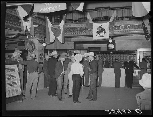 Group of west Texas cattlemen in the hotel lobby during the San Angelo Fat Stock Show. San Angelo, Texas