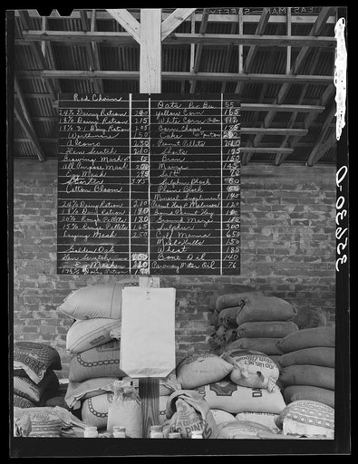 List of prices at Kimble County Wool and Mohair Company which sells all manner of feed for livestock and chickens. Kimble County, Texas