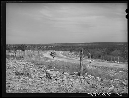 Landscape in Kimble County, Texas. This rocky, hilly country is best adapted to grazing of sheep and goats
