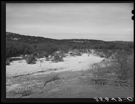 Dry creek bed in Kimble county, Texas. It is characteristic of these streams to be dry most of the year