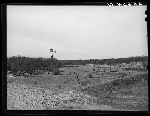 Stock water storage tank and windmill on sheep and goat ranch in Menard County, Texas